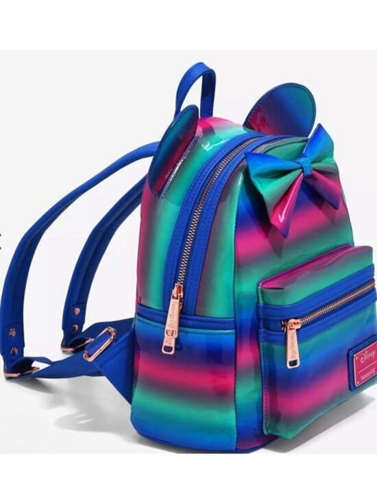 Loungefly Minnie Mouse Bow Ombre Striped Patent Leather Slick Pink Blue NWT